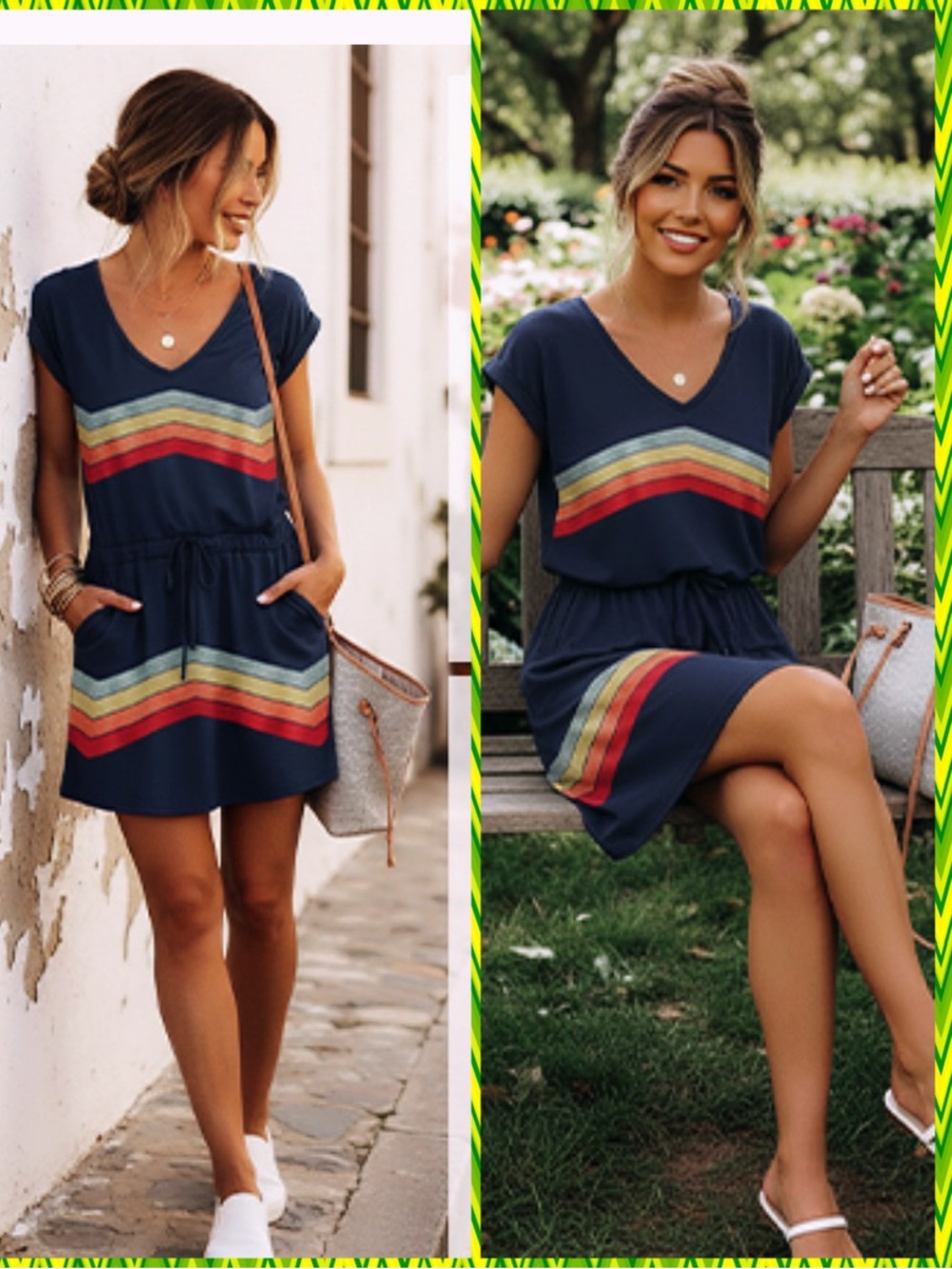 Icziwo Summer  Striped Drawstring Sundresses with Pockets Multicolor